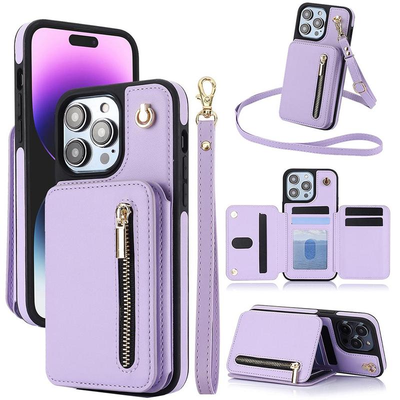 Fall PU Leather Zipper Wallet Phone Cases, Anti-fall Fully Edged Mobile Phone Cases with Lanyard, Shockproof Phone Protective Cover for iPhone 15 Pro Max Cases 14 13 12 iPhone 11 Cases, Cute Phone Cases