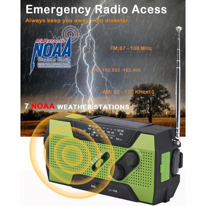 Rechargeable,Emergency Weather Radio, Hand Crank, Portable, Solar Charging, with AM FM NOAA, LED Flashlights, Reading Lamp, SOS Alarm, Rechargeable