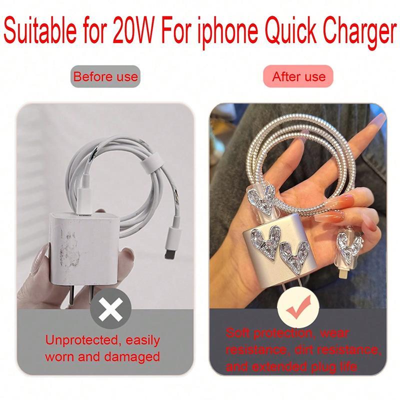 Heart Design Data Cable Protector Set, Anti-breaking Data Cable & Charger Head Protector, Phone Charger Protective Cover Set for 20W Fast Charging Data Cable