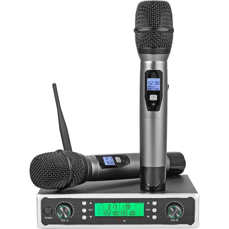 LiNKFOR Wireless Microphone System, Dual Channel UHF Cordless Microphone, 2 * 100 Channels, Portable Handheld Mics, 328ft Transmisson Range, Infrared Pairing, Ideal for Karaoke, DJ, Wedding Audio Amplifier Audio Amplifier Receiver Mother's Day Gift