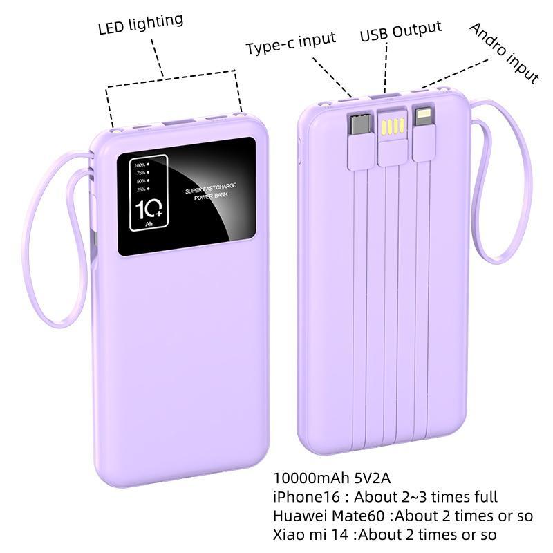 10000mAh Portable Charger Power Bank, Mini Charger with Built-in 4 Cables, USB Charger, Mobile Power Bank for iPhone 16 15 14 13 Samsung Android Phones