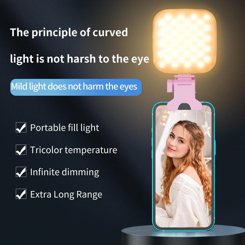 Phone Selfie Light, 3W Power Clip-on Phone Light with Clamp (1 Count), Adjustable Color Temperature & Brightness Selfie Light, Rechargeable Dimming Light