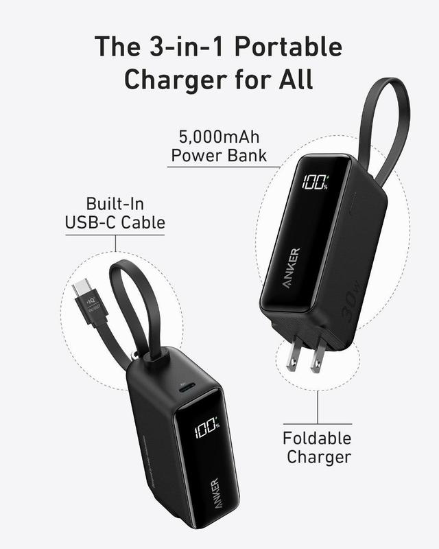 [Black Friday Deal] Anker 3in1 Power Bank,  5,000mAh Portable Charger with Built-in Cable and Foldable AC Plug, 30W Max Compact Battery Pack, for iPhone 15 Series, Galaxy, MacBook and More Charging Devices Accessories