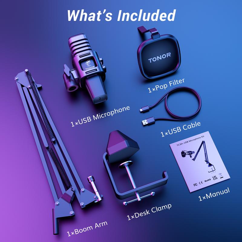 TONOR TC30S+ USB Gaming Microphone, RGB Streaming Microfono Set, PC Podcast Recording Computer Mic for PS4 5, Discord, Twitch, Cardioid Condenser Mic with Adjustable Boom Arm Stand