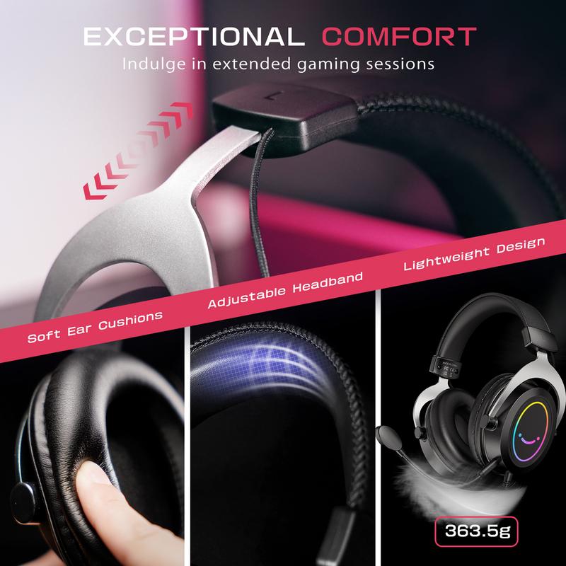 Fifine H3 RGB Gaming Headsets,Comfortable Over-Ear Headphones with Microphone,Wired Audio Jack Connection,Leather Passive-Noise-Cancelling Earcups, Gamer Headset for PC PS4 PS5 Xbox