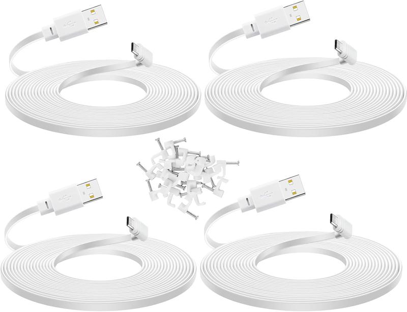 4-Pack 20 ft Cable for WYZE Cam Pan v3 Camera, Long Flat Micro USB Extension Power Cord, 90 Degree White