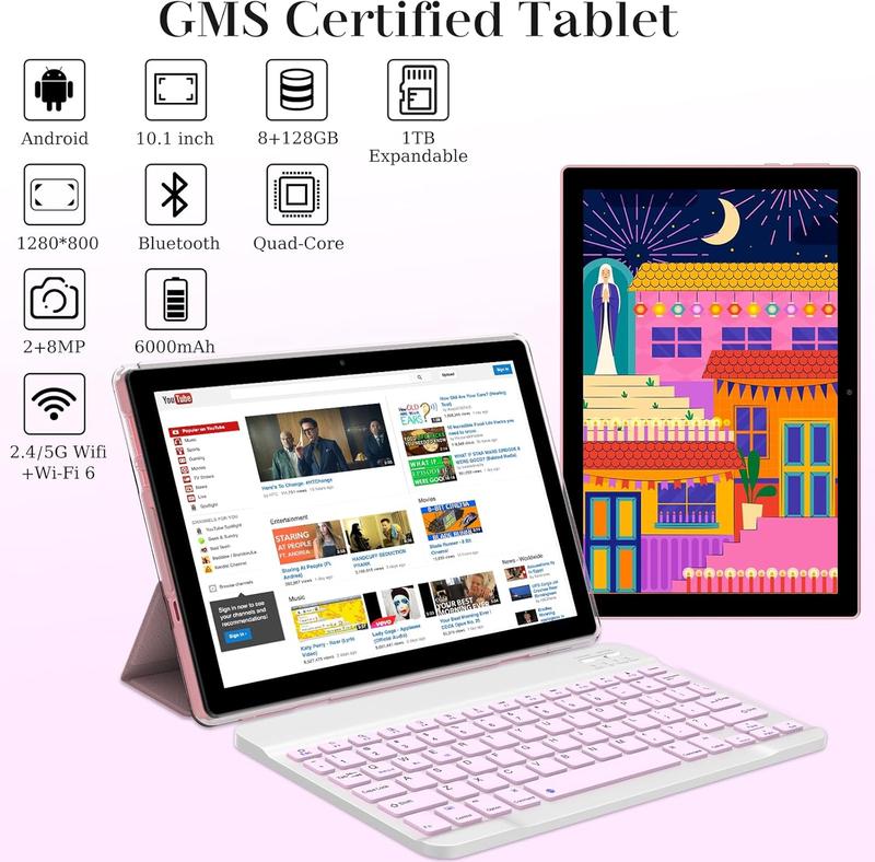 2024 Newest Android 14.0, 10.1 Inch Tablet with Keyboard Case, 8GB+64GB ROM 1TB Expand Tablets, Quad Core, HD Touch Screen, Dual Carema, Games, 2.4G 5G Wi-Fi 6, BT,  GMS Certified