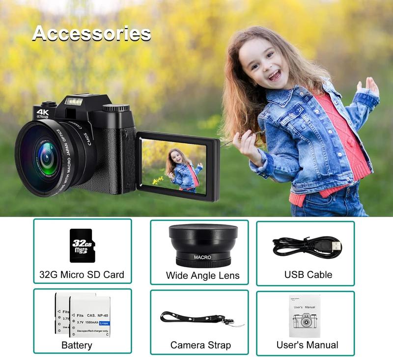 48MP FHD 4K Digital Camera for Photography,Video camcorder with  3 Inch Flip Screen, 16X Digital Zoom, Vlogging Camera WiFi,  (32G TF Card)