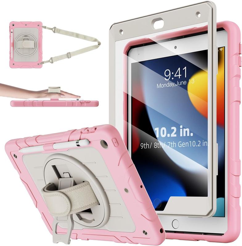 Case for iPad 9th 8th 7th Generation-Built-in Screen Protector,with Pencil Holder&360Rotating Hand Strap,Shoulder Strap,Case for iPad 10.2 inch 2021-2019(Pink Beige)