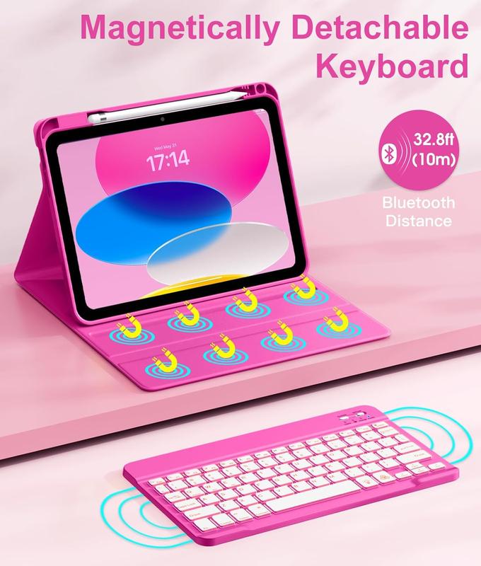 for iPad 10th Generation Case with Keyboard 10.9 Inch - 7 Colors Backlit Wireless Detachable Folio Keyboard Cover with Pencil Holder for New iPad 10th Gen 2022 (Hot Pink)