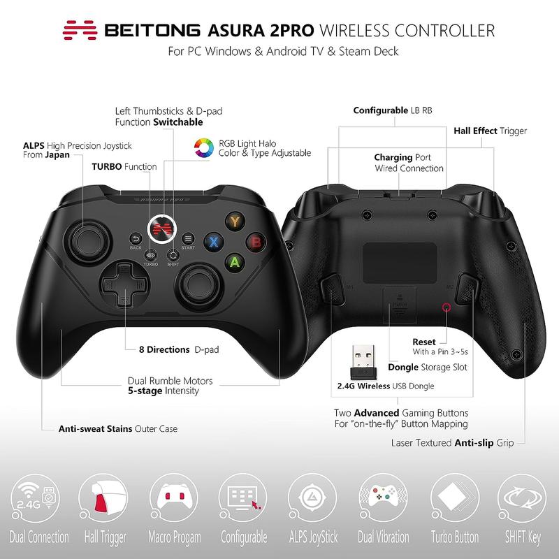 BEITONG Asura 2 Pro PC Gaming Controllers 2.4G Wireless Dual Vibrate Gamepad Joystick For Windows 7 8 10 11,Android TV,Steam,Simulater,Advanced M Buttons Hall Effect Trigger