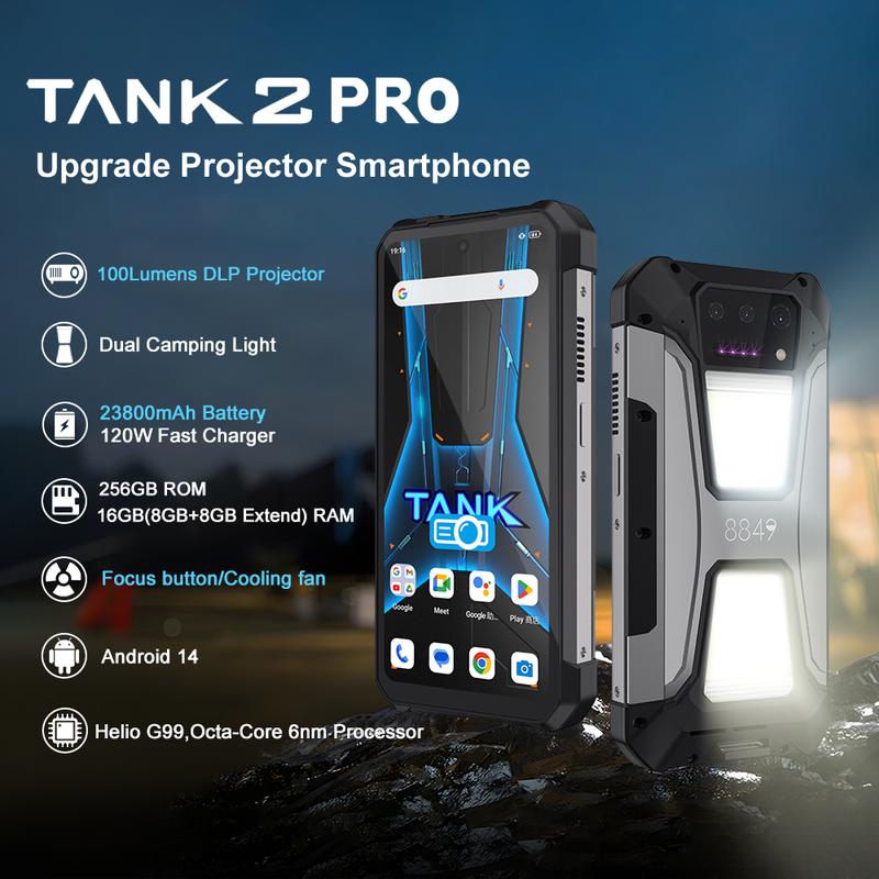 8849 Tank 2 PRO with Projector Rugged 16GB+256GB Android 14 Dual Sim NFC OTG Bluetooth 23800mAh 120W 100MP Rear Camera Mobile Smartphone Cellphone