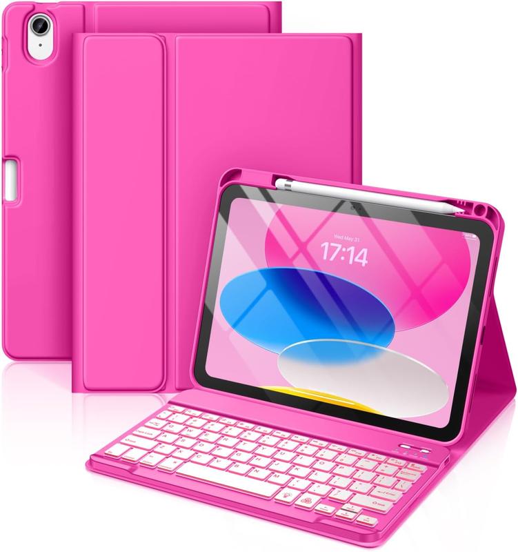 for iPad 10th Generation Case with Keyboard 10.9 Inch - 7 Colors Backlit Wireless Detachable Folio Keyboard Cover with Pencil Holder for New iPad 10th Gen 2022 (Hot Pink)