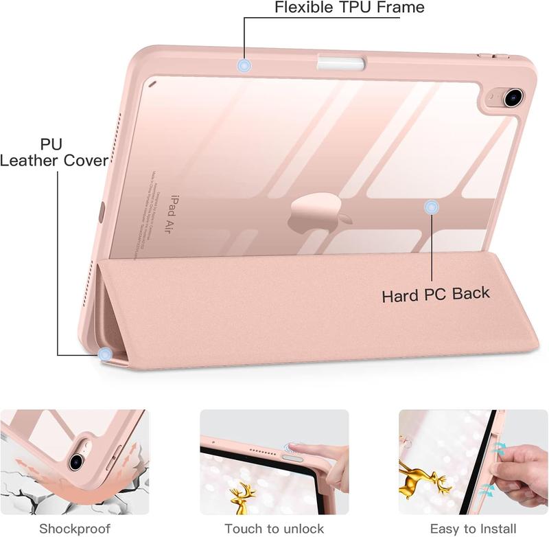 Compatible with iPad Air 11 Inch Case (M2) 2024 , for iPad Air 6th 5th 4th Generation Case (2024 2022 2020) 11 10.9 Inch with Pencil Holder, Slim Cover with Clear  Shell, Rose Pink