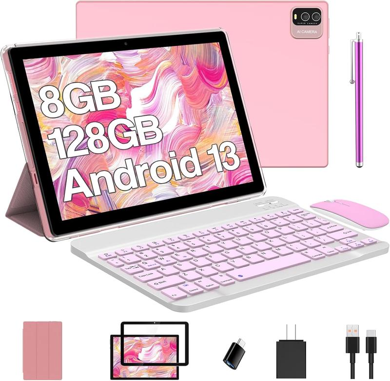 2024 Newest Android 14.0, 10.1 Inch Tablet with Keyboard Case, 8GB+64GB ROM 1TB Expand Tablets, Quad Core, HD Touch Screen, Dual Carema, Games, 2.4G 5G Wi-Fi 6, BT,  GMS Certified