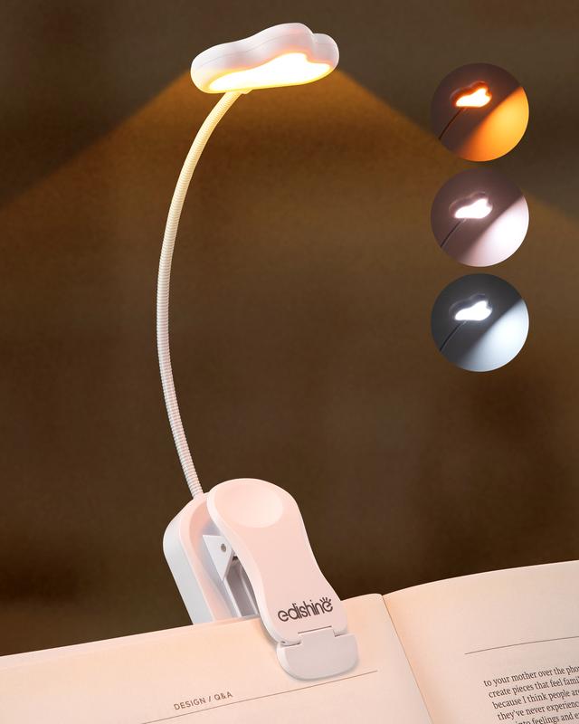 EDISHINE Cloud Reading Light for Book in Bed, Portable Clip-on Lamp, USB Rechargeable, 3 Color Modes & Stepless Dimmable, 2 Charging Modes, Eye Care LED for Book Lovers, Kids, 3 Colors