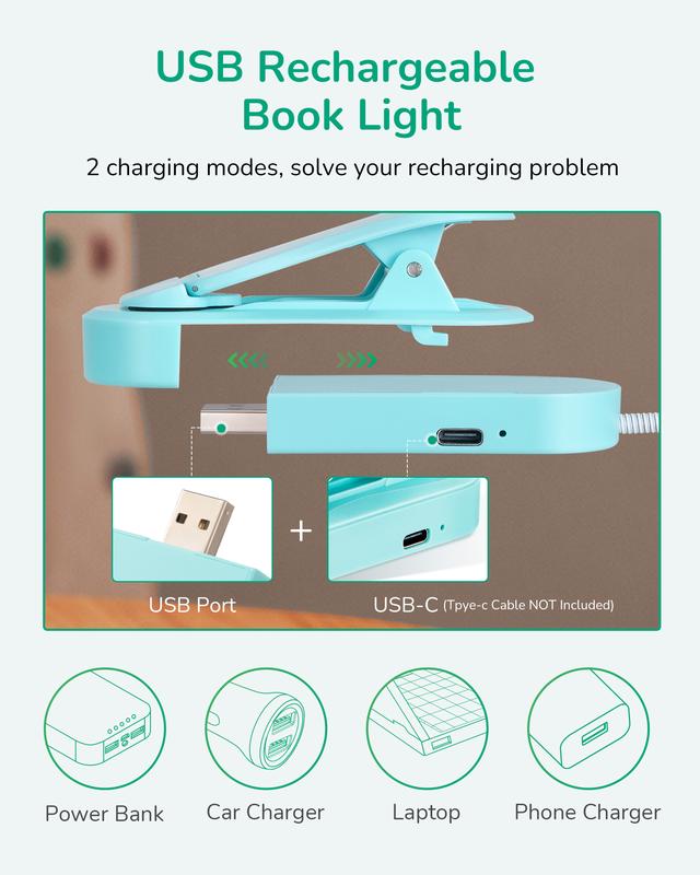 EDISHINE Cloud Reading Light for Book in Bed, Portable Clip-on Lamp, USB Rechargeable, 3 Color Modes & Stepless Dimmable, 2 Charging Modes, Eye Care LED for Book Lovers, Kids, 3 Colors