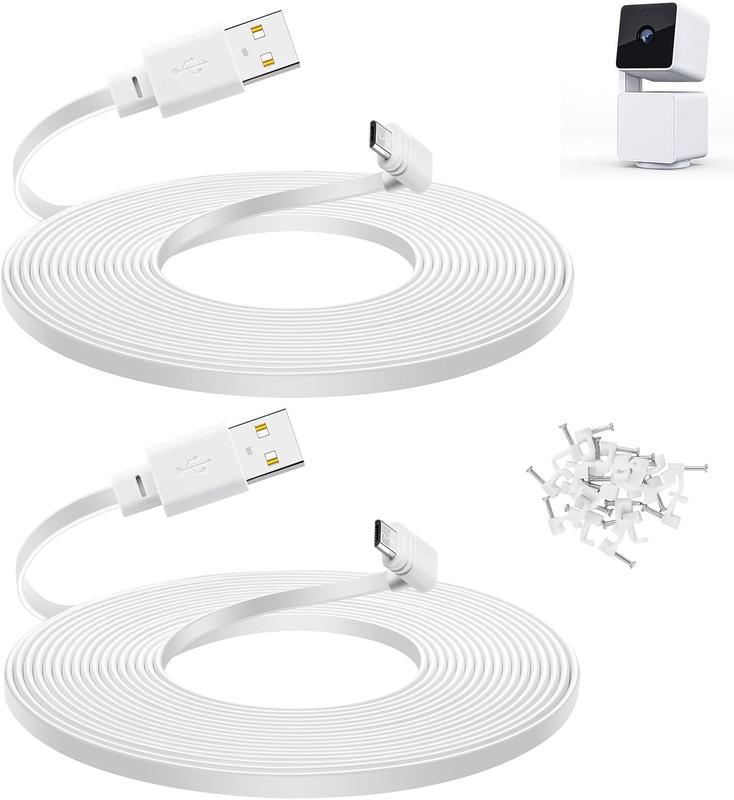 2-Pack 20 ft Cable for WYZE Cam Pan v3 Camera - Flat Micro USB Extension Power Cord, 90 Degree White