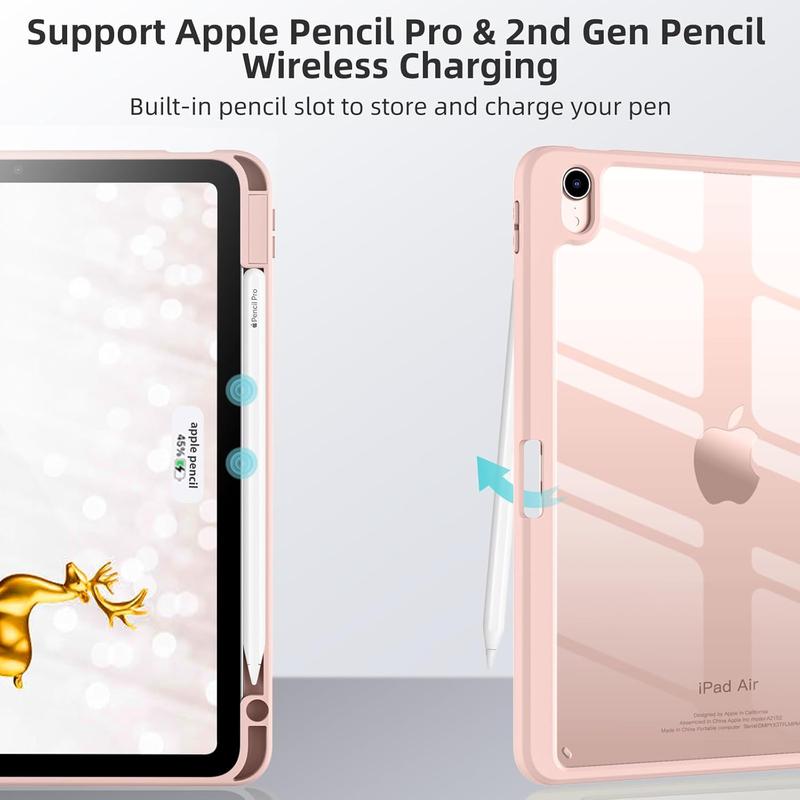 Compatible with iPad Air 11 Inch Case (M2) 2024 , for iPad Air 6th 5th 4th Generation Case (2024 2022 2020) 11 10.9 Inch with Pencil Holder, Slim Cover with Clear  Shell, Rose Pink