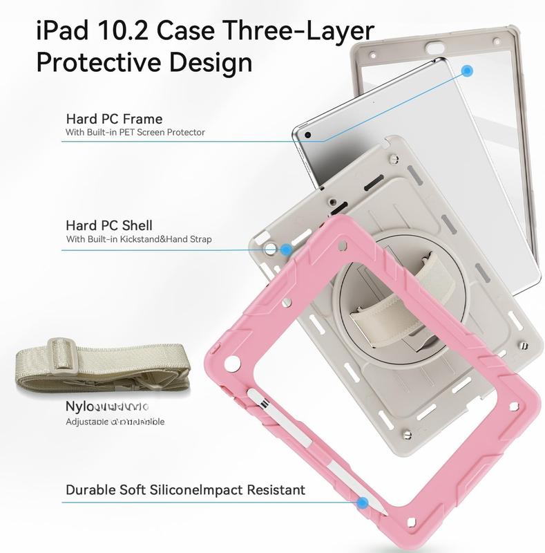 Case for iPad 9th 8th 7th Generation-Built-in Screen Protector,with Pencil Holder&360Rotating Hand Strap,Shoulder Strap,Case for iPad 10.2 inch 2021-2019(Pink Beige)