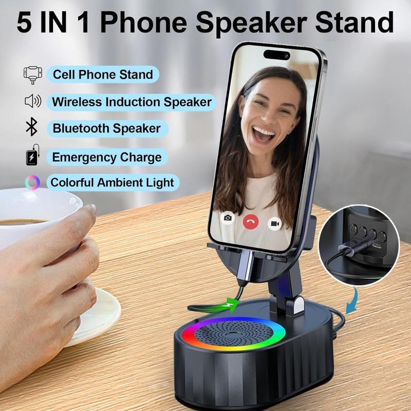 Wireless Induction Audio Bluetooth Speaker 5in1 Phone Holder Emergency Rechargeable (3000mAh) with Colorful Ambient Light 300° Foldable for Tablet iPhone Android Adjustable Stand