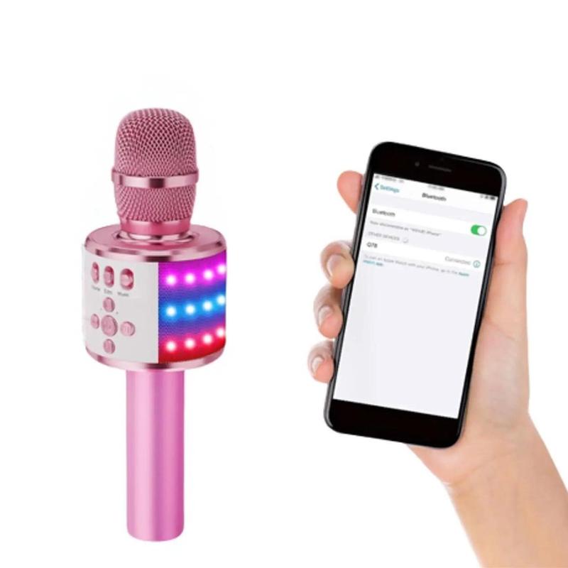 Sakamoto Kids Karaoke Microphone Bluetooth Wireless Mic for Adults Singing Microphones with Speaker Disco Light Echo Sound Portable for Home Party Outdoor Gift Toys Q78(Light Pink) Audio Smartphone