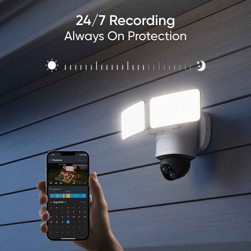 eufy Security Floodlight Camera E340 Wired, 360° Pan and Tilt, 24 7 Recording, Dual-Band Wi-Fi, 2,000 Lumens, Motion-Activated, Dual Camera, HomeBase 3 Compatible, Local Storage, No Monthly Fee