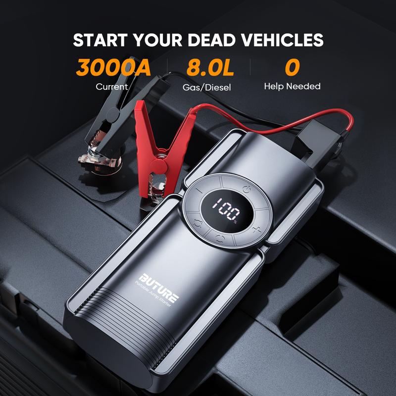 3000A Car Jump Starter with 150PSI Air Compressor, Fast Charge Power Bank, Safe Car Jumper Box with Display, 3 Modes Emergency Light