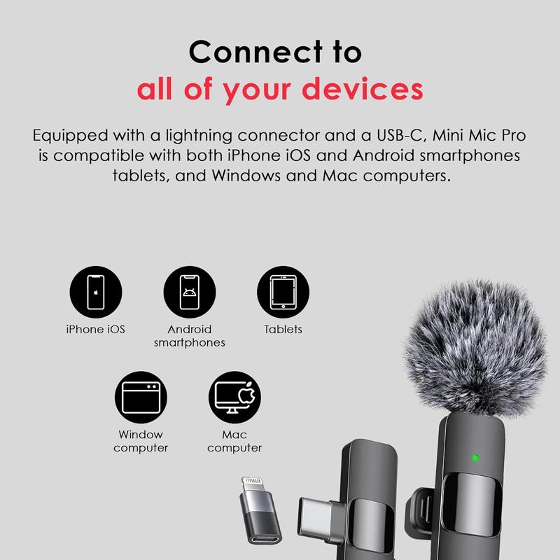 Wireless Microphone for iPhone, iPad, Android, Lavalier Microphone for Video Recording - 2 Pack iPhone Mic Crystal Clear Recording with USB-C for Podcast Microphone, ASMR, TikTok Audio Smartphone professional lapel