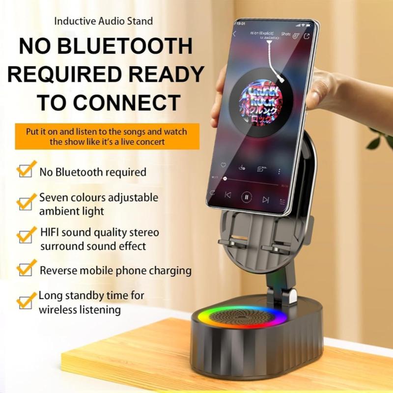 Wireless Induction Audio Bluetooth Speaker 5in1 Phone Holder Emergency Rechargeable (3000mAh) with Colorful Ambient Light 300° Foldable for Tablet iPhone Android Adjustable Stand