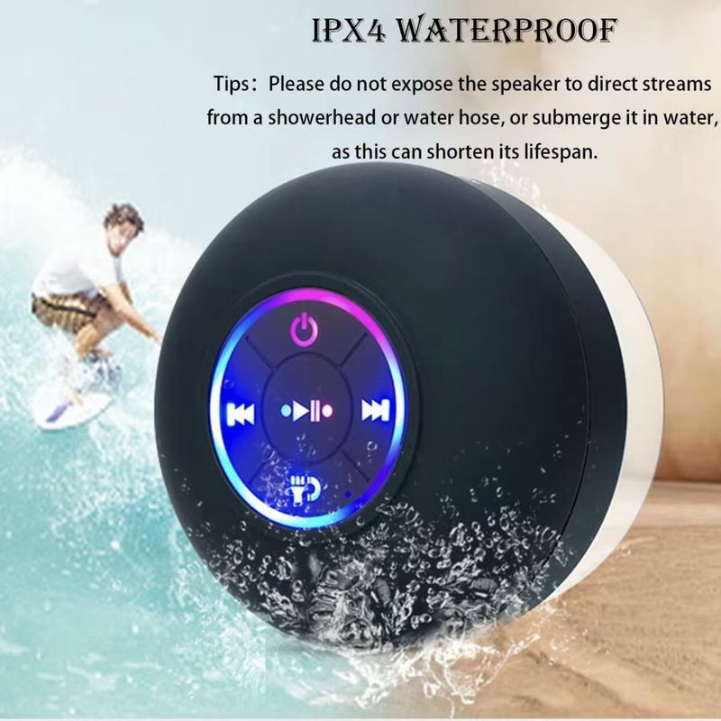 Mini Wireless Waterproof Suction Cup Bluetooth Speaker- RGB LED Light- Water Resistant-Rechargeable-Stereo Audio for Beach, Shower, Home-Bathroom Accessories with Smartphone