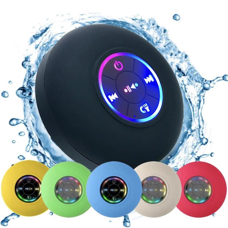 Mini Wireless Waterproof Suction Cup Bluetooth Speaker- RGB LED Light- Water Resistant-Rechargeable-Stereo Audio for Beach, Shower, Home-Bathroom Accessories with Smartphone