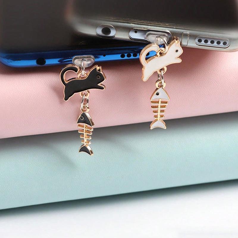 Cartoon Cat & Fish Bone Design Phone Dust Plug, 2 Counts Anti-dust Phone Plug For Lightning & Type C, Phone Accessories