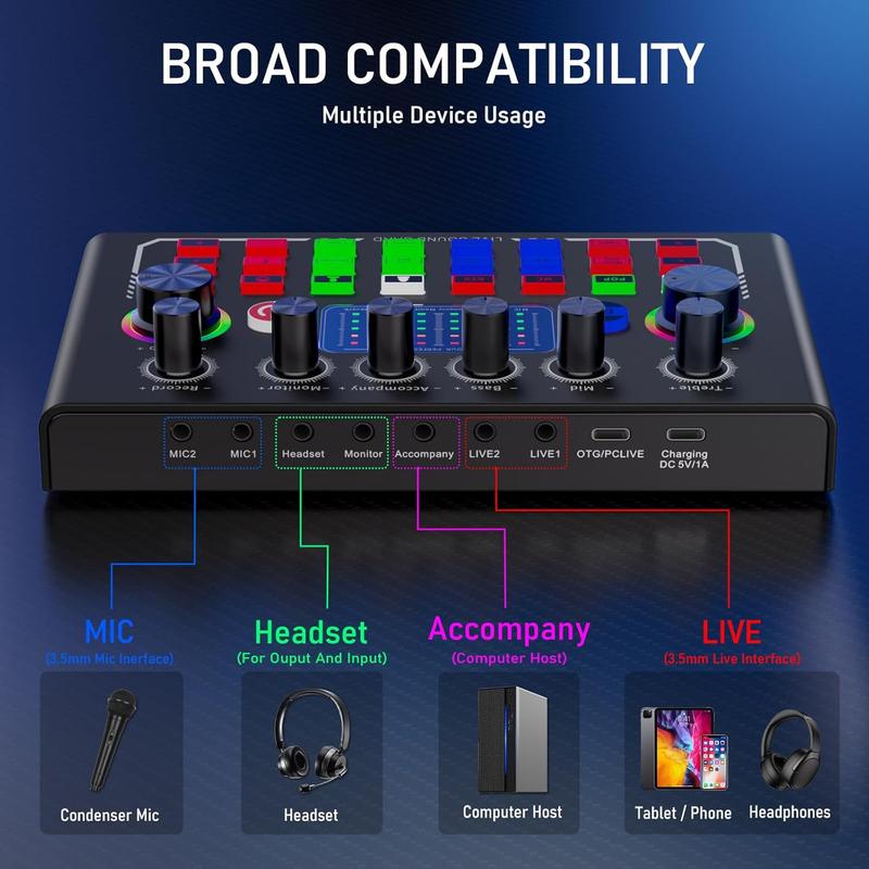 Wireless BT Live Audio Device, Audio Mixer for Music Singing, Microphone Music Control Equipment, Live Machine for APP Live Streaming on Computers, Phones, PC