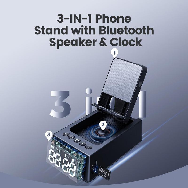 3 in 1 Wireless Bluetooth-compatible Speaker with Alarm Clock Cell Phone Stand TF Card Reader 12H Display Mic HD Surround Sound, Mobile Phone Standing Speaker