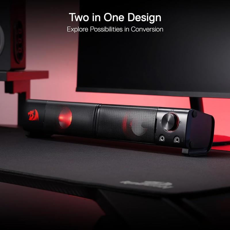 Redragon GS550 PC Gaming Speakers, 2.0 Channel Desktop Computer Sound Bar with Compact Maneuverable Size, Headphone Jack, Quality Bass & Decent Red Backlit, USB Powered w  3.5mm Cable