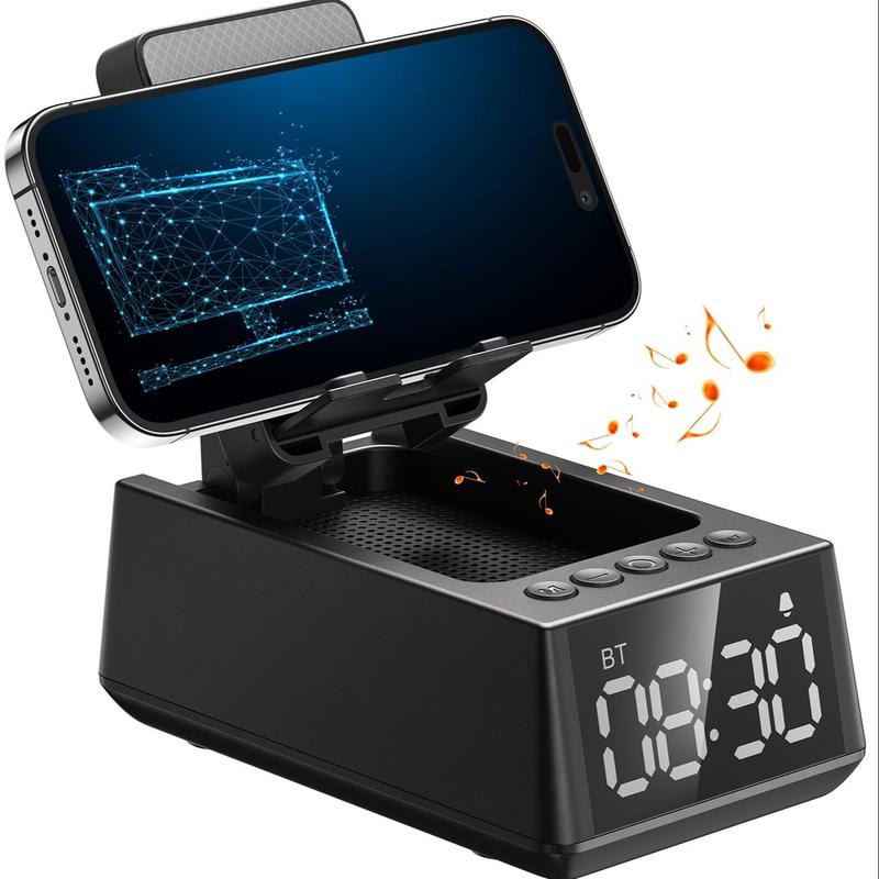 3 in 1 Wireless Bluetooth-compatible Speaker with Alarm Clock Cell Phone Stand TF Card Reader 12H Display Mic HD Surround Sound, Mobile Phone Standing Speaker