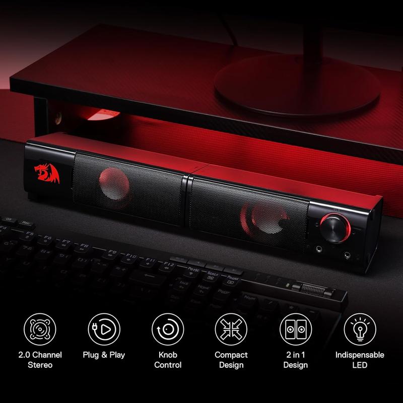 Redragon GS550 PC Gaming Speakers, 2.0 Channel Desktop Computer Sound Bar with Compact Maneuverable Size, Headphone Jack, Quality Bass & Decent Red Backlit, USB Powered w  3.5mm Cable