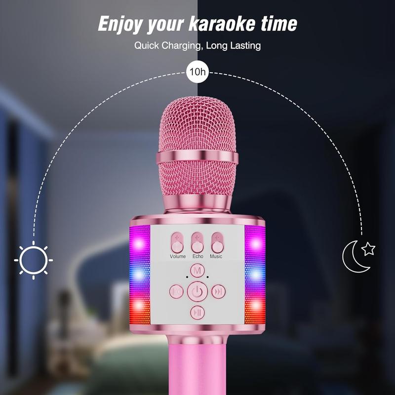 Sakamoto Kids Karaoke Microphone Bluetooth Wireless Mic for Adults Singing Microphones with Speaker Disco Light Echo Sound Portable for Home Party Outdoor Gift Toys Q78(Light Pink) Audio Smartphone