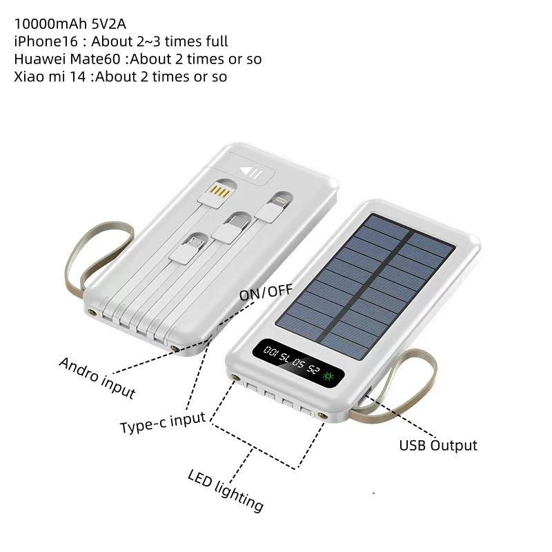 Solar Powered 10000mAh 20000mAh Power Bank, 1 Count Portable Solar Charger with 4 Output Cable, Large Capacity Power Bank for iPhone & Samsung Galaxy