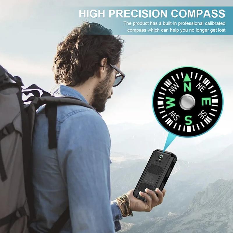 Outdoor Portable, Solar Mobile Power with Flashlight  USB  Type-C  Micro Interface  Compass for Mobile Digital Electronic Devices, Long-lasting and Durable, Travelling and Camping, Built-in LED Flashlight with Mountaineering Buckle, Best Gift Phone