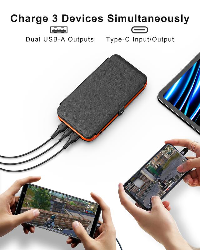 Solar Charger 27000mAh Power Bank with 4 Solar Panels and 3 USB Outputs, 3A Fast Charging Portable Charger USB C External Battery Pack, Compatible with Smartphones and Tablets