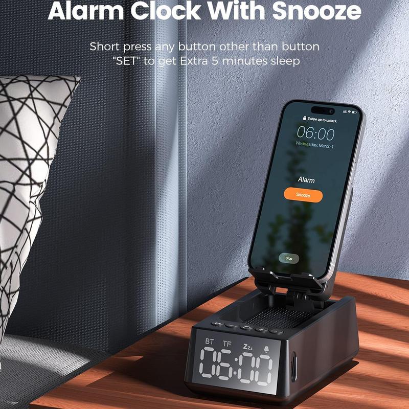 3 in 1 Wireless Bluetooth-compatible Speaker with Alarm Clock Cell Phone Stand TF Card Reader 12H Display Mic HD Surround Sound, Mobile Phone Standing Speaker