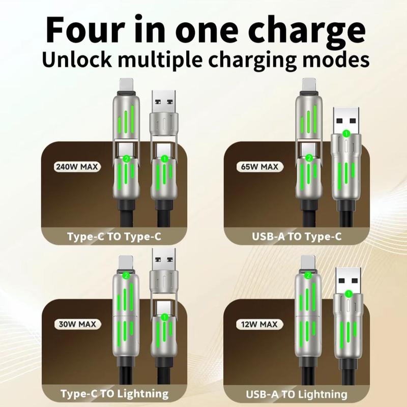 USB-C Fast ChargingCable, Lightning Type C,240W 4 in 1 cable With BreathingLight, Compatible with iPhone, iPad,Samsung, Laptops Charger