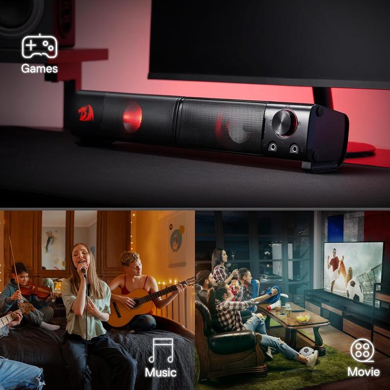 Redragon GS550 PC Gaming Speakers, 2.0 Channel Desktop Computer Sound Bar with Compact Maneuverable Size, Headphone Jack, Quality Bass & Decent Red Backlit, USB Powered w  3.5mm Cable