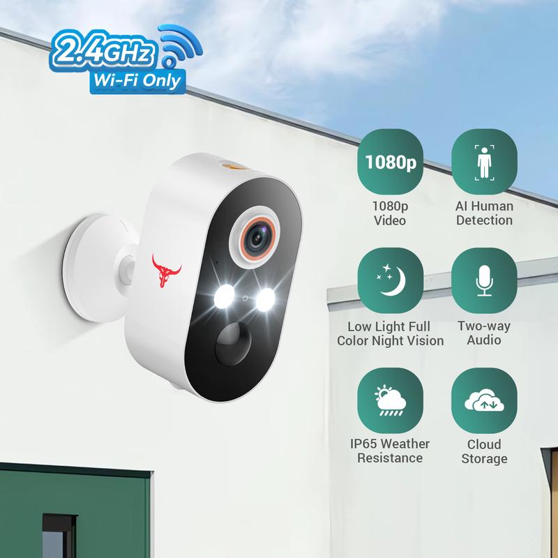 Wireless 1080P Security Camera, With AI Human Detection, PIR Motion Detect, Low Light Full color Night Vision Security Camera, 2-way Talk, With 2.4GHz Wi-Fi, Cloud Storage Service, Rechargeable Battery Included, IP65 Weather Resistance