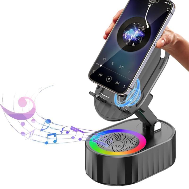 Wireless Induction Audio Bluetooth Speaker 5in1 Phone Holder Emergency Rechargeable (3000mAh) with Colorful Ambient Light 300° Foldable for Tablet iPhone Android Adjustable Stand