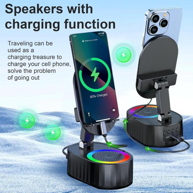 Wireless Induction Audio Bluetooth Speaker 5in1 Phone Holder Emergency Rechargeable (3000mAh) with Colorful Ambient Light 300° Foldable for Tablet iPhone Android Adjustable Stand