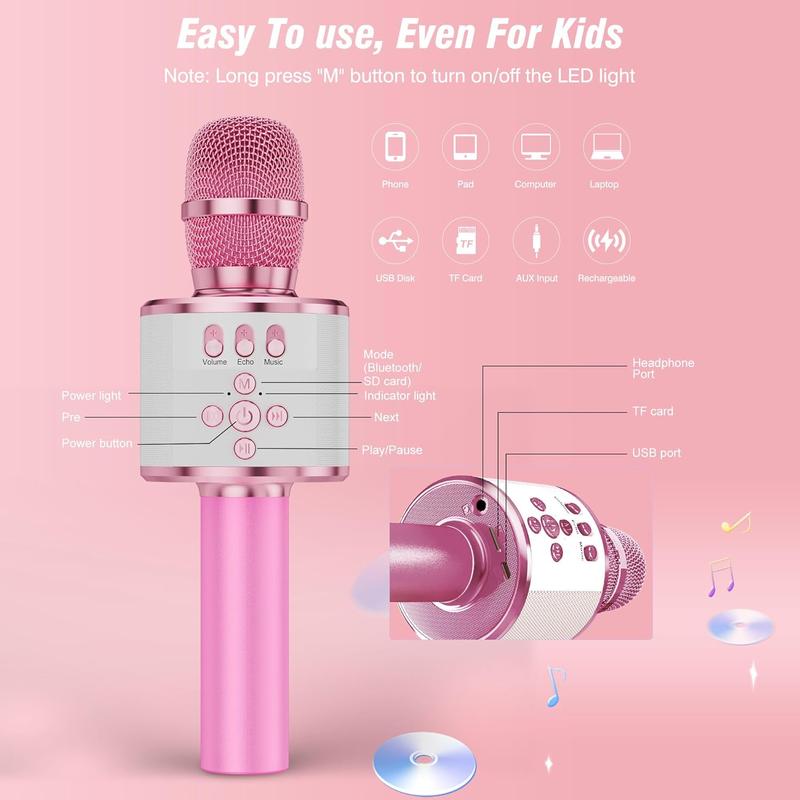 Sakamoto Kids Karaoke Microphone Bluetooth Wireless Mic for Adults Singing Microphones with Speaker Disco Light Echo Sound Portable for Home Party Outdoor Gift Toys Q78(Light Pink) Audio Smartphone