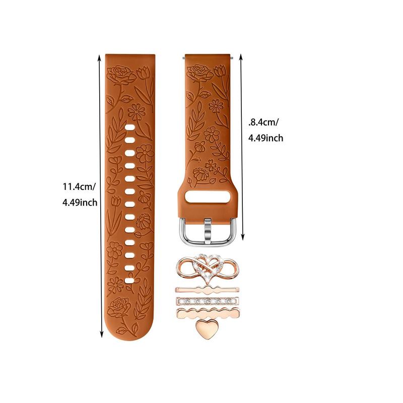 Flower Engraved Band Compatible with Galaxy Watch 7 Band FE 6 5 4 40mm 44mm, Galaxy Active 2, 20mm Watch Band, Replacement Watch Band with Decorative Charms